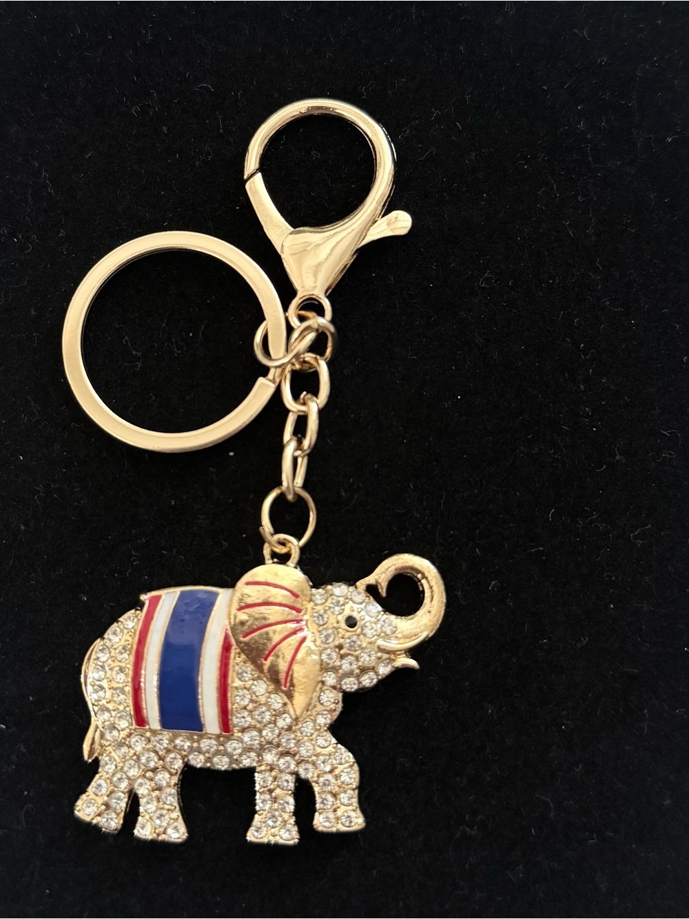 Crystal Elephant Keychain with Red and Blue Enamel Accents